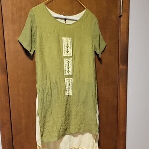 Green Silk Cotton Embroidered Short Sleeve Tunic Dress S